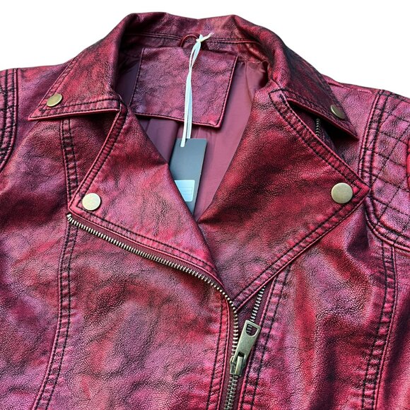 NEW Giolshon Retro Style Red Faux Leather Moto Jacket - Size Large - Picture 5 of 16